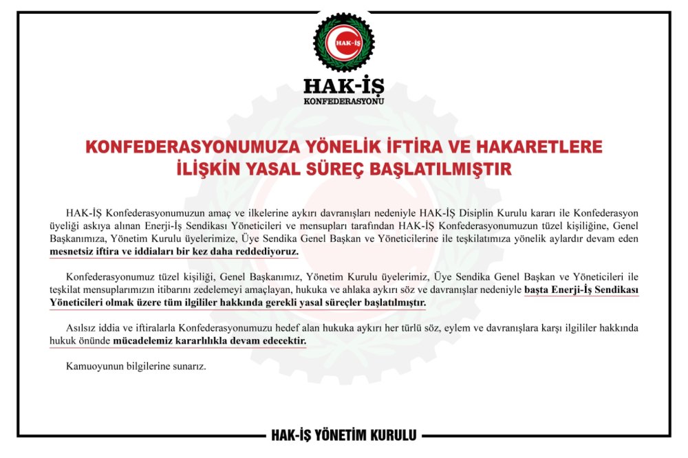 KONFEDERASYONUMUZA YÖNELİK İFTİRA VE HAKARETLERE İLİŞKİN YASAL SÜREÇ BAŞLATILMIŞTIR